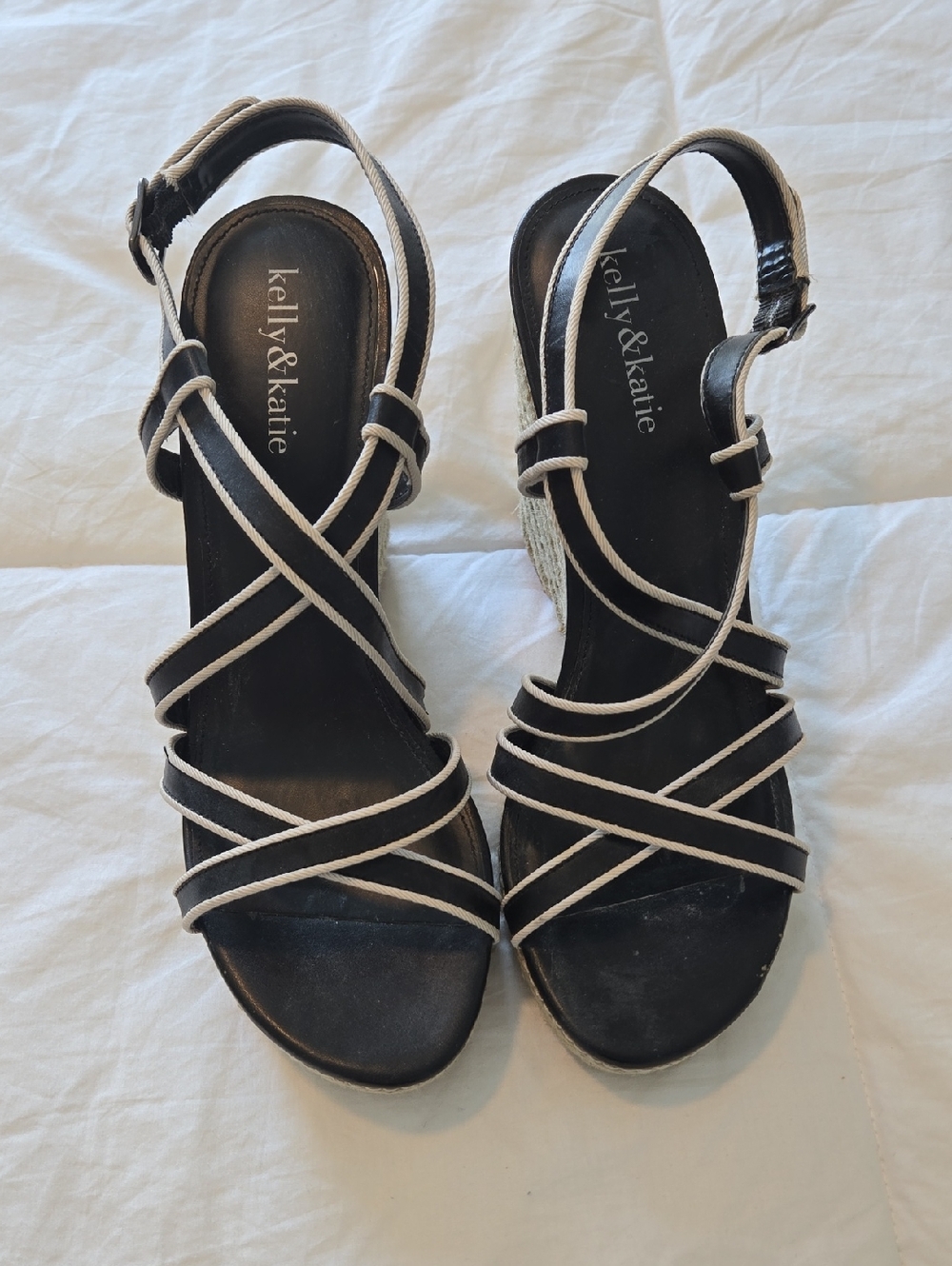 Kelly & Katie Black Wedge Sandals with Cream Trim